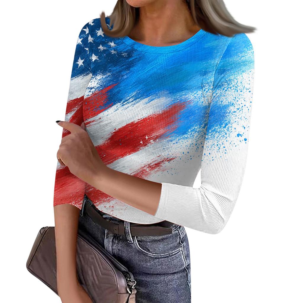 Women's Casual Fashion Round Neck Independence Day Print Three-Quarter Sleeve Ribbed Top