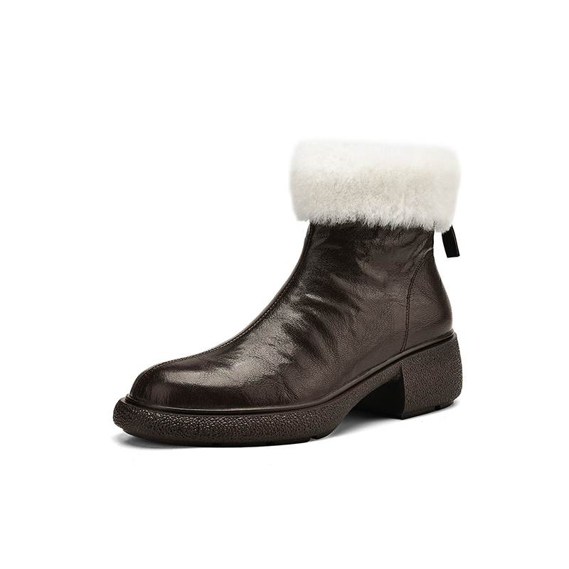 Krazing Pot Decorațiune plisată din piele de oaie Pantofi de toamnă iarnă Tocuri groase Mărimea 43 Mărimea 42 Vârf rotund Fermoar Retro Botine