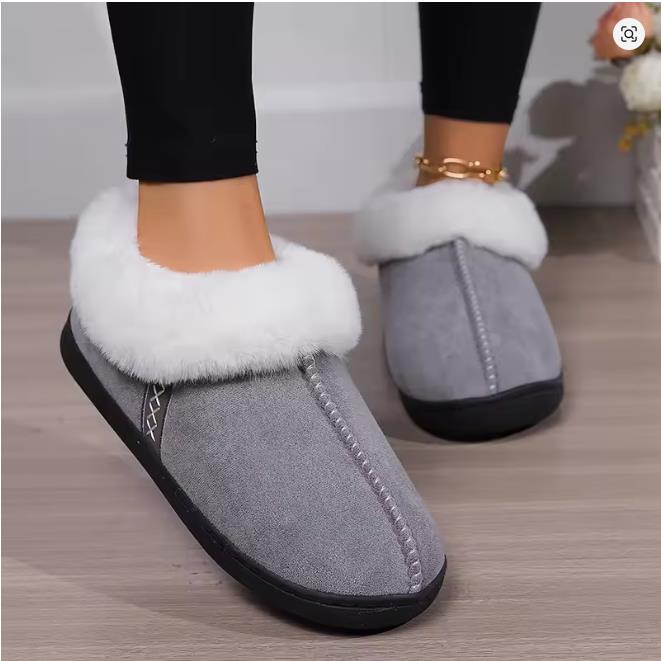 Winter Warm Fur Indoor Home Slippers Women Faux Suede Closed Toe Couple Slippers Woman Comfort Soft Sole House Shoes Slides