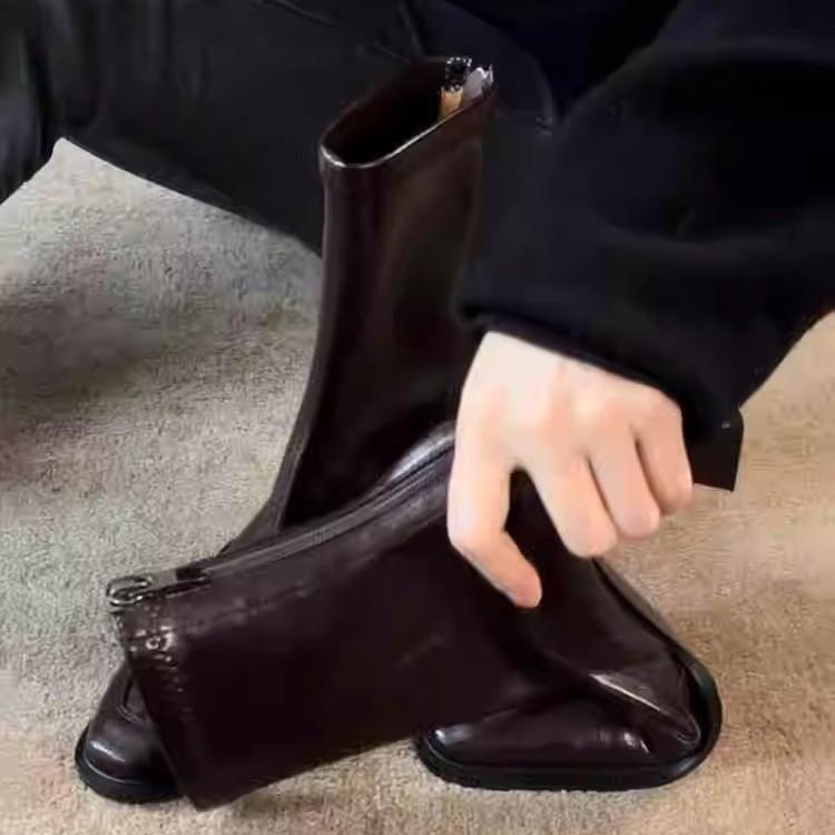 Soft leather version~ French square head temperament high heel thin boots women's British style leather retro rear zipper elastic short boots