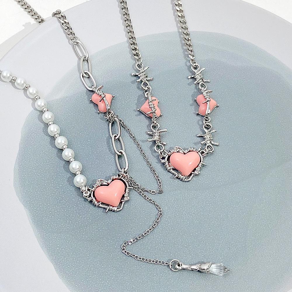 Hot Sale Pink Heart-Shaped Bead Pendant Necklace Trend Splice Imitation Pearl Beading Spicy Girl Clavicle Chain Y2K Jewelry Gift