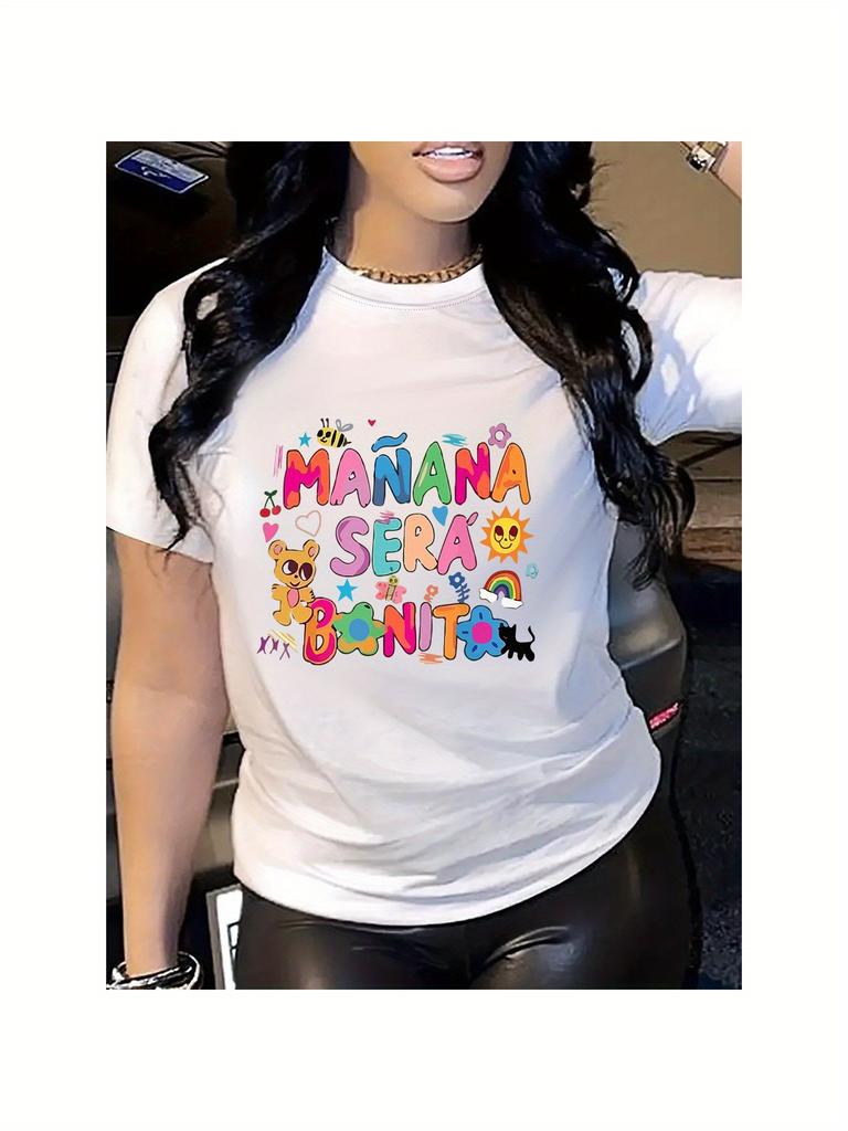 Women's Vibrant Pink Casual T-Shirt - "Manana Sera Bonito" Colorful Letter Print Round Neck Machine Washable Graphic T Shirts