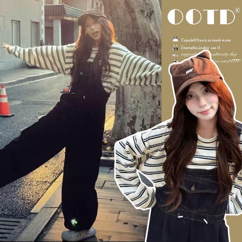 2026 Spring Loose Korean Denim Overalls & Striped T-shirt Set for Pregnant Women 2XL