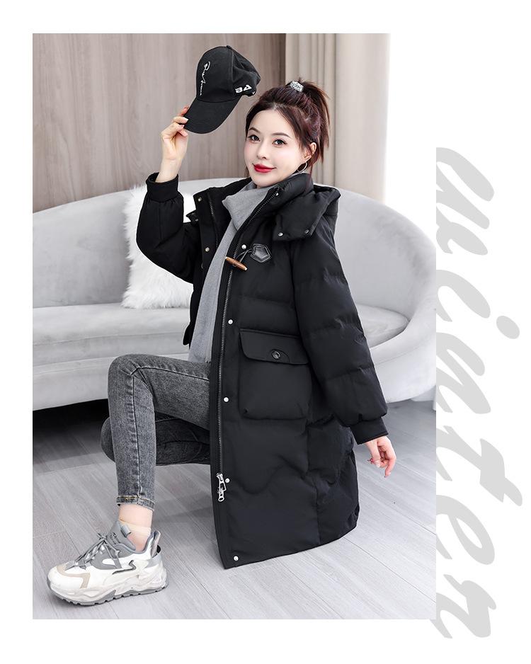 Autumn and Winter Women's Coat Horn Button Hooded Mid-length Loose Coat Thickened Warm Women's Jacket