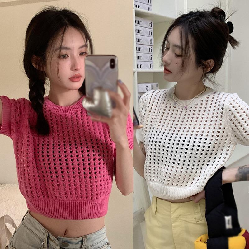 Koreańskie Bluzki Damskie z Krótkim Rękawem Pulower Tkanina Siateczkowa z Lodowego Jedwabiu