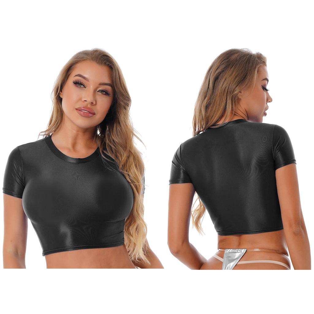 Women Crop Top Tee Short Sleeve Round Neck Slim Fit Solid Color Sportswear Yoga Running Shirt