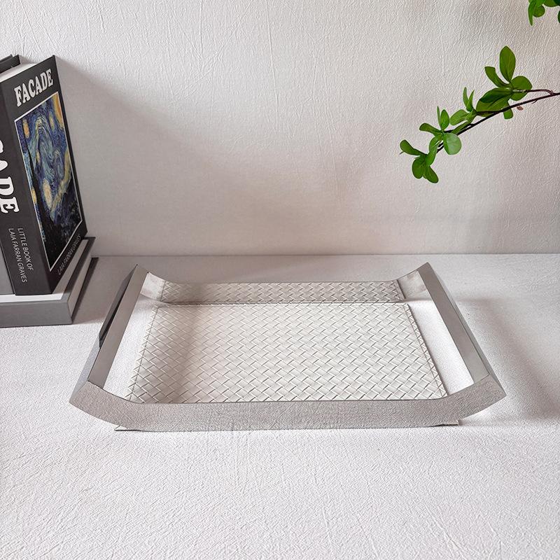 Stainless Steel Organizer Tray Leather Woven Storage Trays Modern Luxury Decorative Tray Rectangular Accessory Trays with Handle