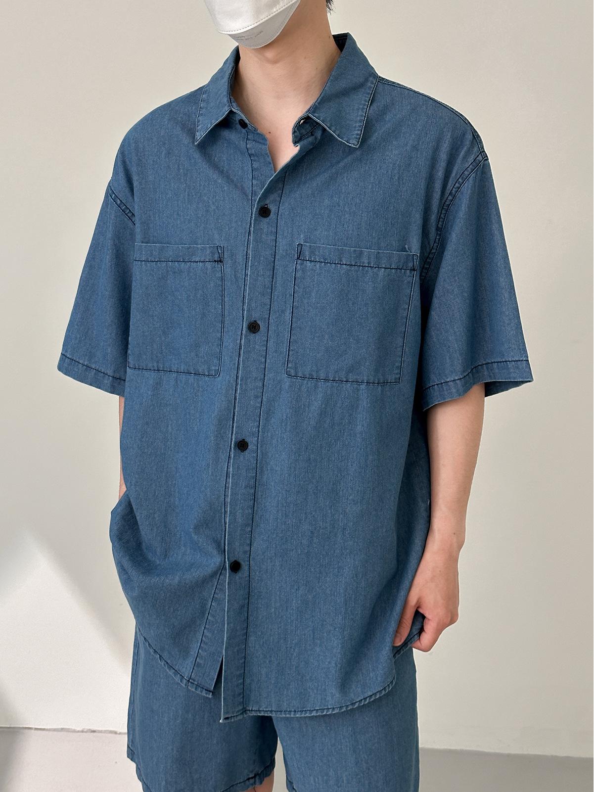 

Мужской повседневный летний комплект из двух предметов из денима: Рубашка и шорты из легкой выстиранной ткани с коротким рукавом XL светло-синий