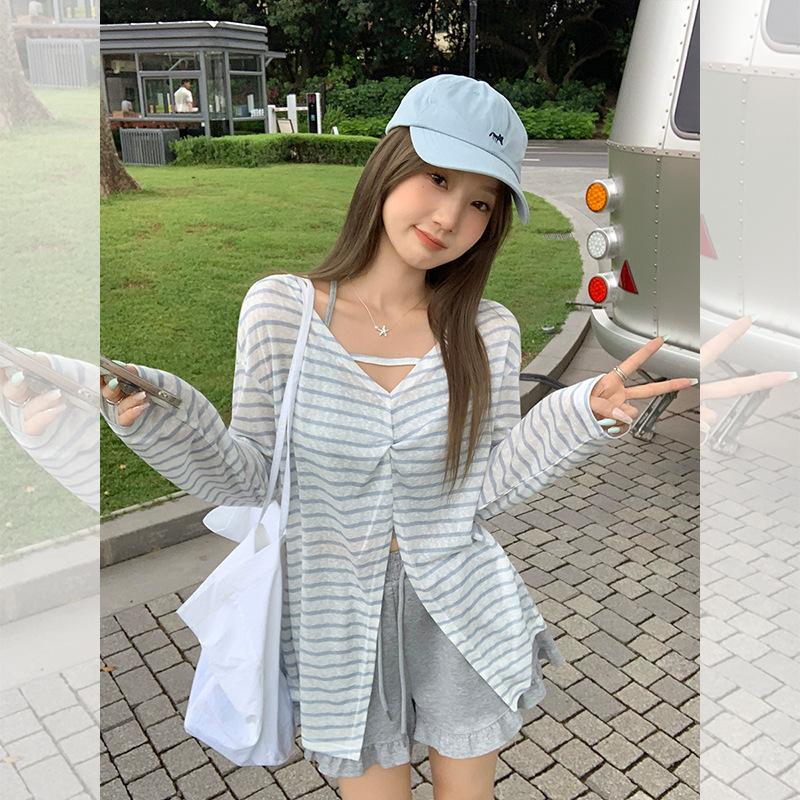 Unique blue and white striped contrasting color round neck long-sleeved sunscreen blouse women's summer open-ended backless pure desire T-shirt small 