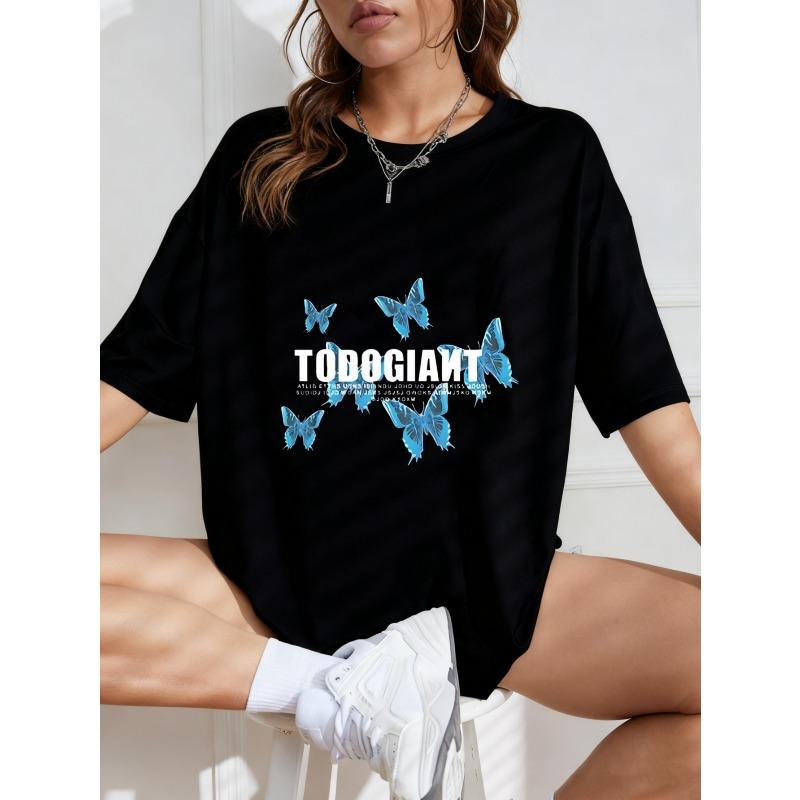 White Oversized T Shirt With Blue Butterfly Print And Todo Giant Text For Casual Wear
