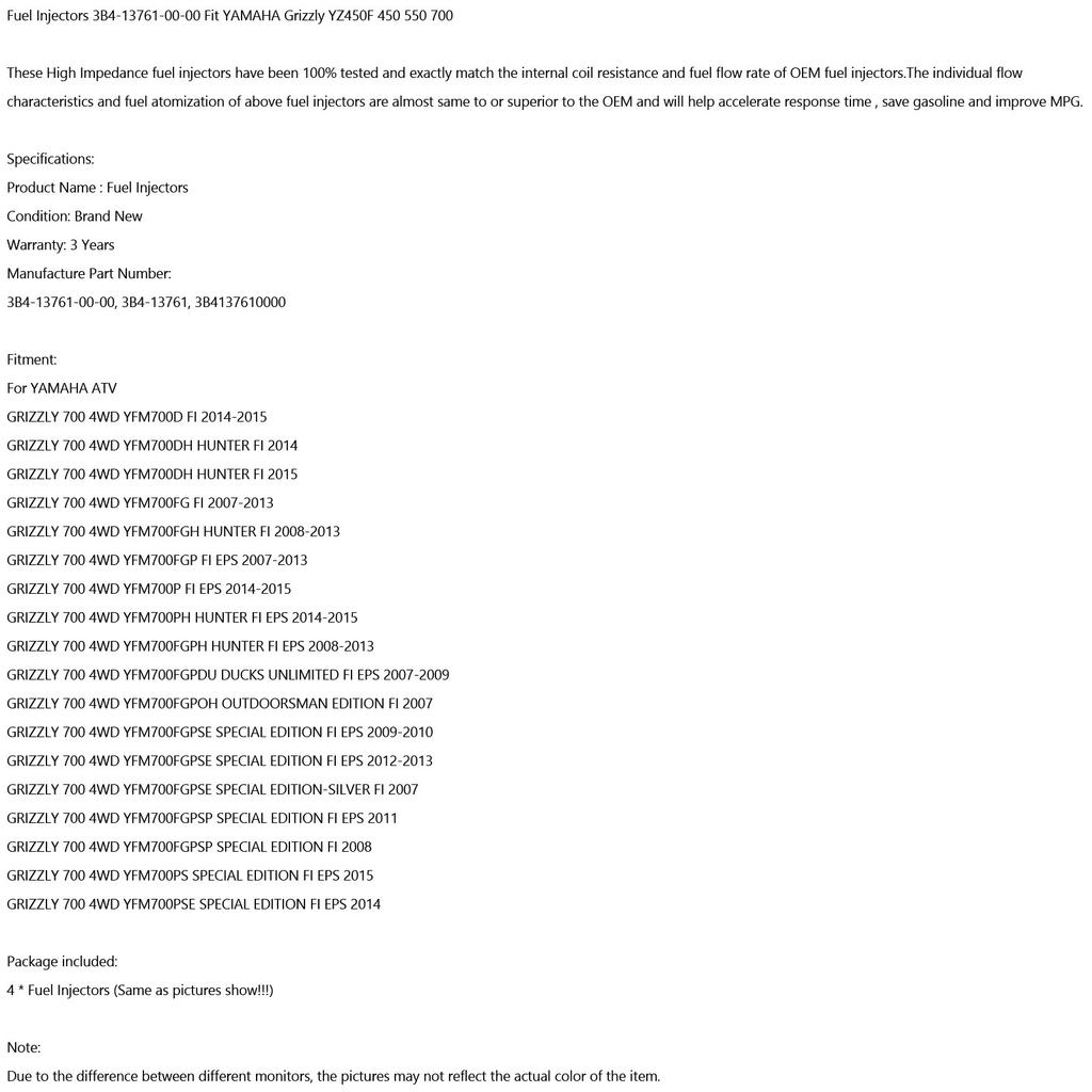 4pcs Fuel Injectors 3B4-13761-00-00 Fit for YAMAHA Grizzly YZ450F 450 550 700