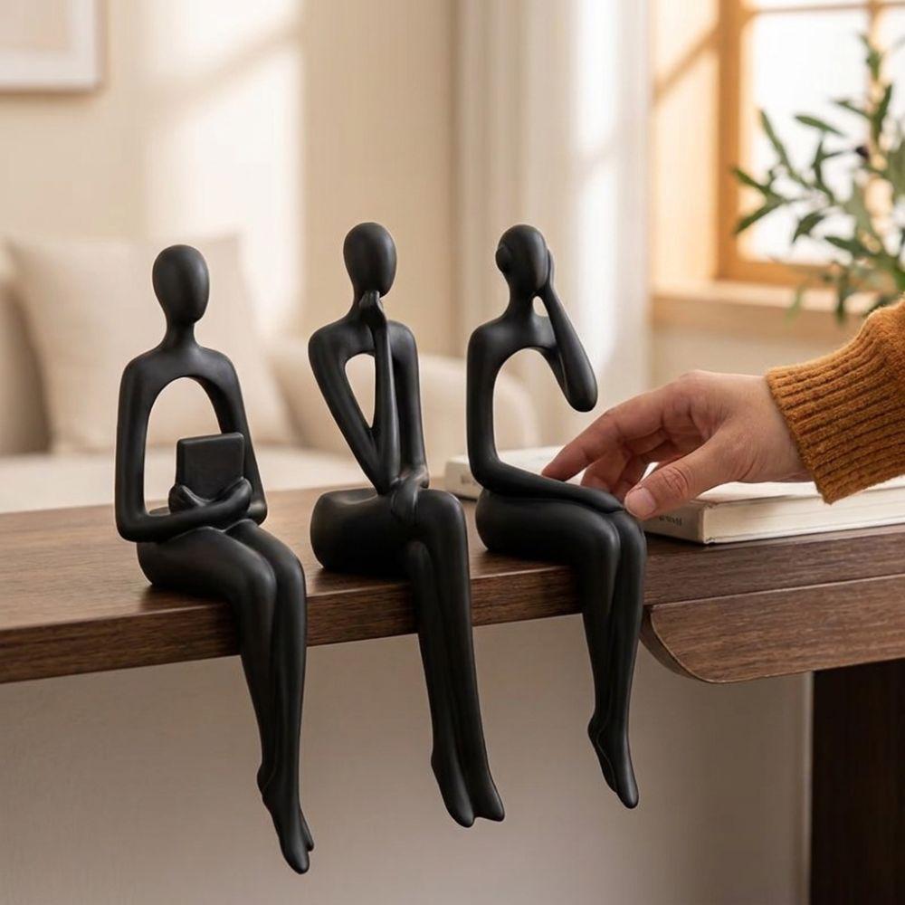 3Pcs Long Leg Abstract Sitting Human Sculpture Set Hollow Reading Thinking Figurine Office Desk