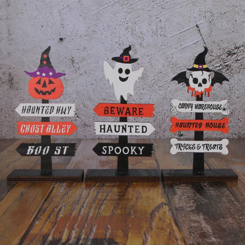 Skeletons Pumpkins Halloween Wooden Signpost Plaque Table Ornament Party Decor