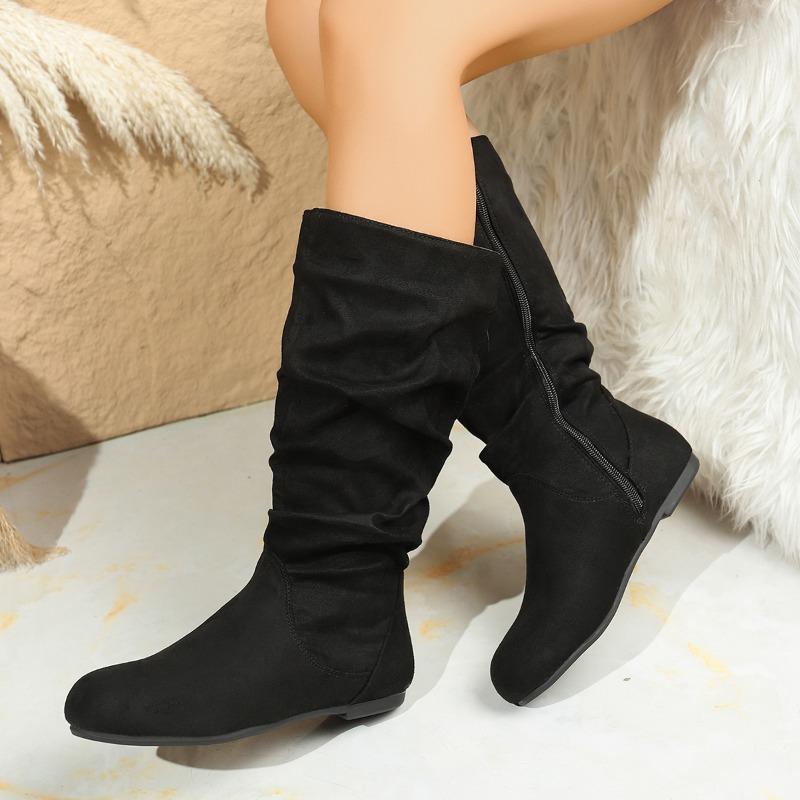 Side Zip Low Heel Mid-Tube Boots Stylish New Round Toe Scrub Fleece Soft Sole Non-Slip Pleated Stack Boots