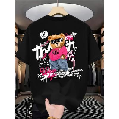 European Sizes Men'S Trendy T-Shirt with Cute Bear Print, Casual Loose Short Sleeve Tee for Daily Wear