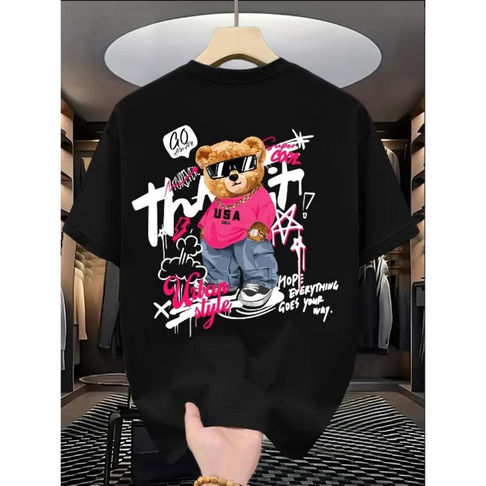 

European Sizes Men S Trendy T-Shirt with Cute Bear Print, Casual Loose Short Sleeve Tee for Daily Wear XXXXXL чорний