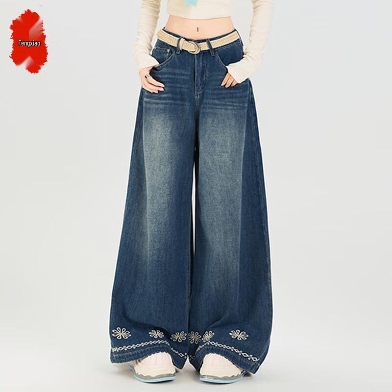 

Fengxiao Women s Floral Embroidered Retro Blue Wide-Leg Jeans