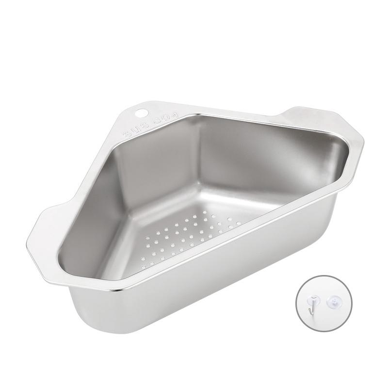 Stainless Steel Drain Basket Triangular Kitchen Sink Rack Self Adhesive Wash Basin Sink Filter Bowl with Hook Fruit Container