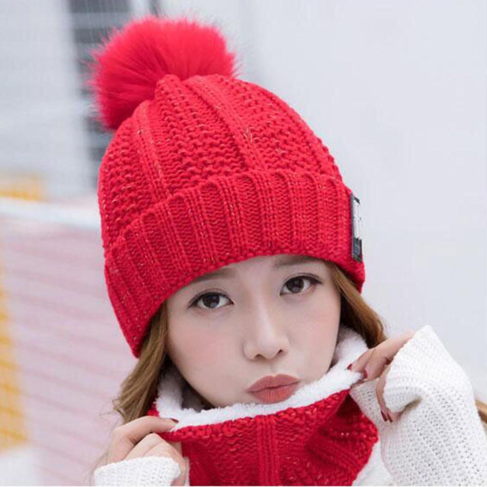 Женская Теплая Зимняя Вязаная Шапка с Помпоном и Шарф Плюс Бархат