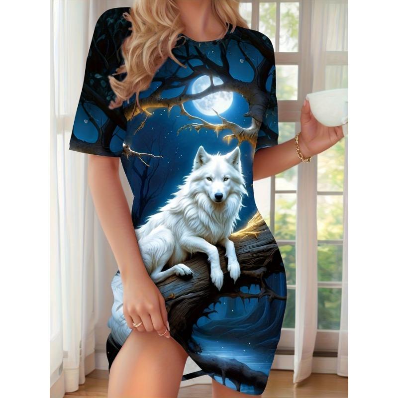 Modisches bedrucktes Damenkleid mit kurzen Ärmeln und Rundhalsausschnitt, geeignet für den täglichen Gebrauch, zum Pendeln und Reisen.