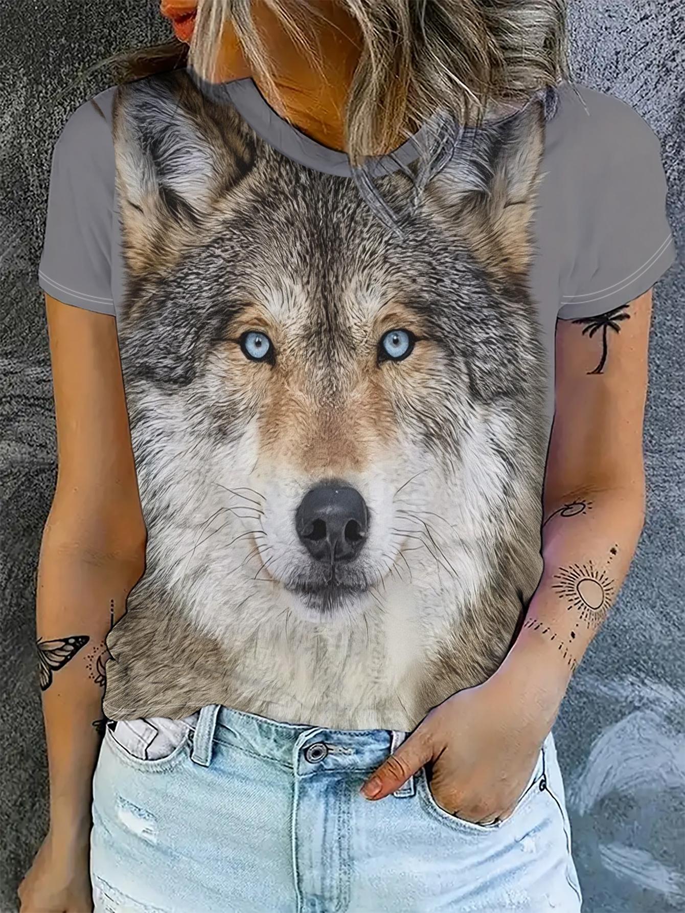 

[Printed Design- No Texture] Women S Gray Short-Sleeve T-Shirt. with Blue-Eyed Wolf Head Printed on The Back. Unique Style 2XL