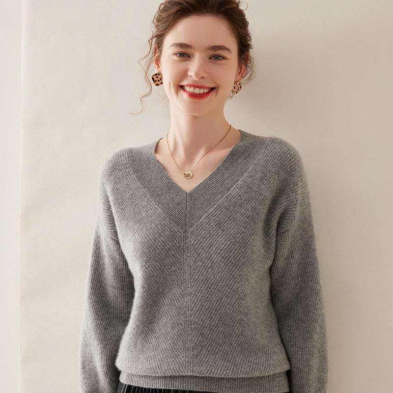 Women's V-neck Pure Cashmere Ribbed Stitch Loose Sweater - Autumn/Winter Thick, Skin-friendly Base Layer