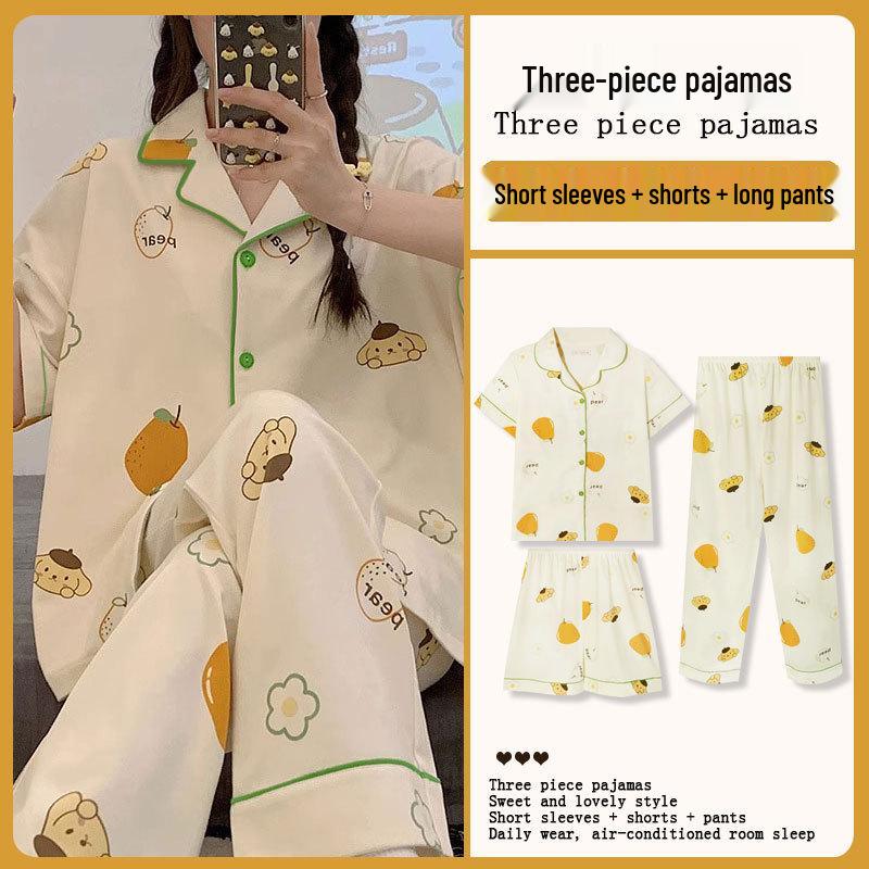 Summer Fashion Pajamas: Women's Short Sleeve Three-Piece Set with Cartoon Pacha Dog Design, Suitable for Home or Outdoors