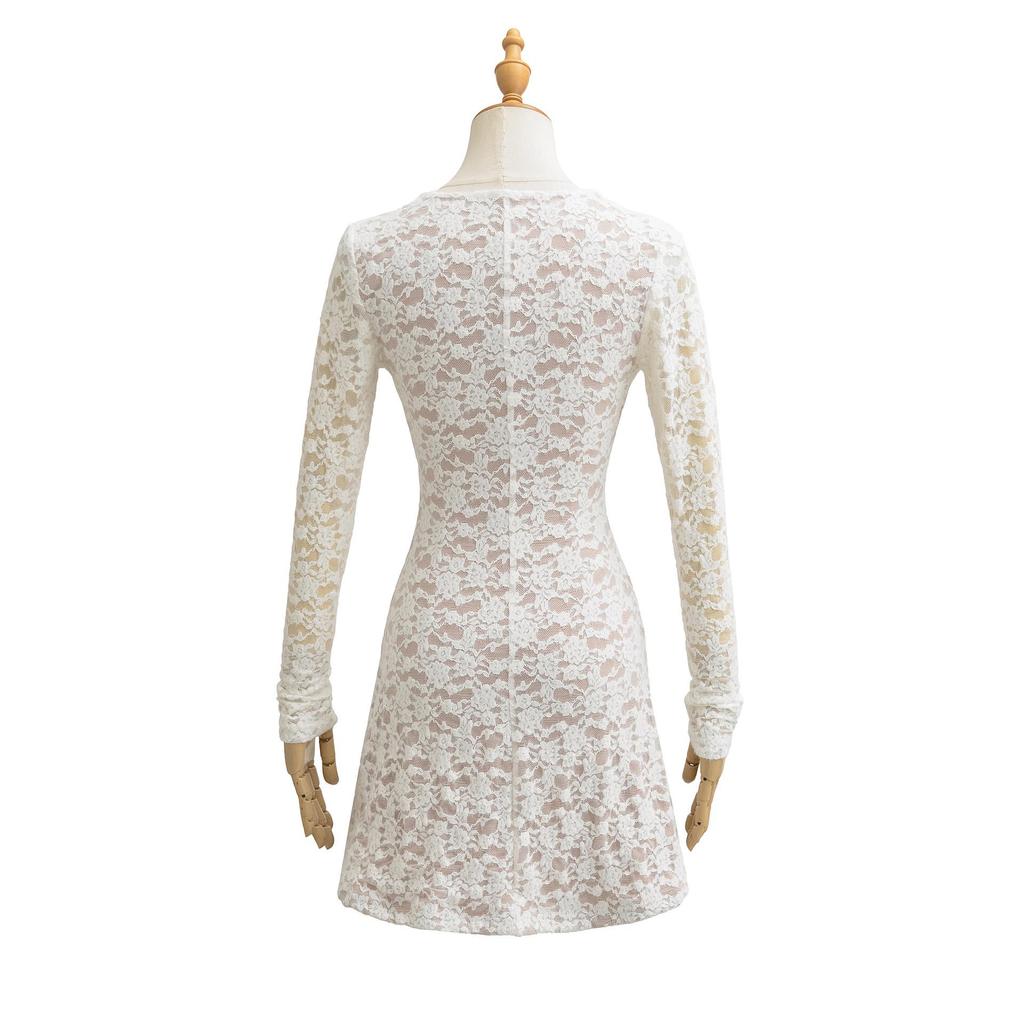 Elegantes, figurbetontes Spitzenkleid mit tiefem Ausschnitt und Brustpolstern für Damen – taillierte lange Ärmel, kurzer Rock für Herbst/Winter