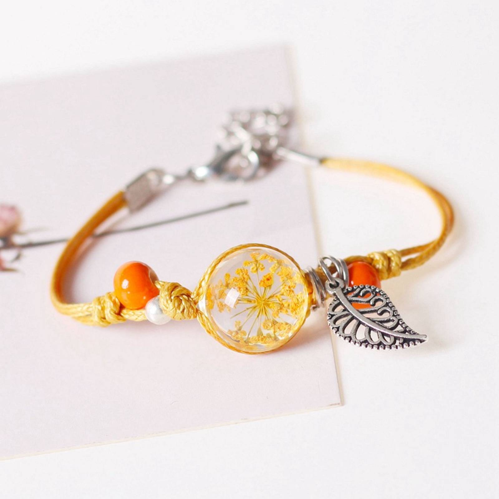 Dried Flower Charm Bracelet for Women Braided Rope Hand Chain Fashion Jewelry Gift