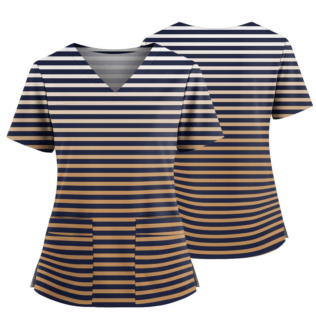 Damski casualowy top z nadrukiem z dekoltem w serek, kieszenią i rozcięciem po bokach, z krótkim rękawem