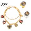 French Style Necklace Floral Heart Charms Necklace, Double Layer Vintage Chain Choker Oval Faux Old Metal Texture Pendant Diamond Ring, Enamel