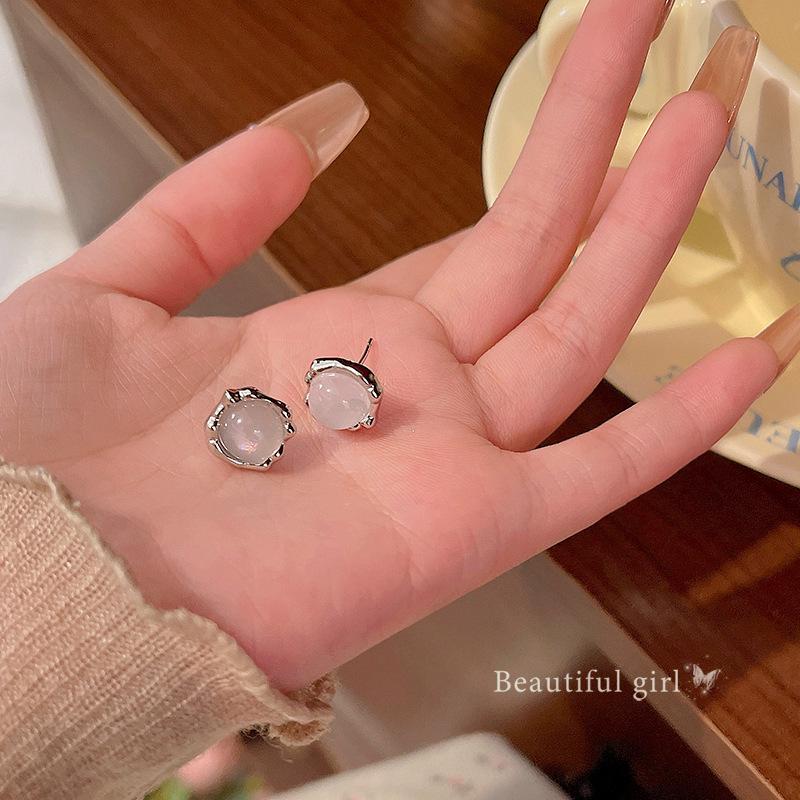 Korean Moonstone Circle Stud Earrings for Women - Unique Geometric 925 Silver