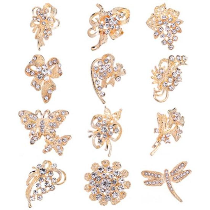 

12Pcs Women s Rhinestone Hollow Flower Butterfly Bridal Scarf Lapel Brooch Pins золотистый