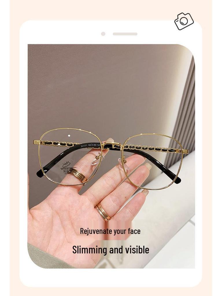 Trendy Women's Anti-Blue Light Metal Frame Glasses - Large, Fashionable, Plain Face Style