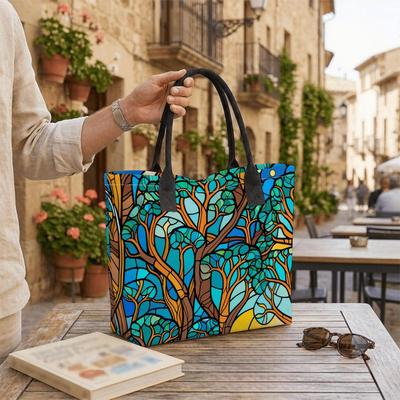  Stained Glass Tree Pattern Tote Bag Casual Large Capacity Daily Shoulder Handbag