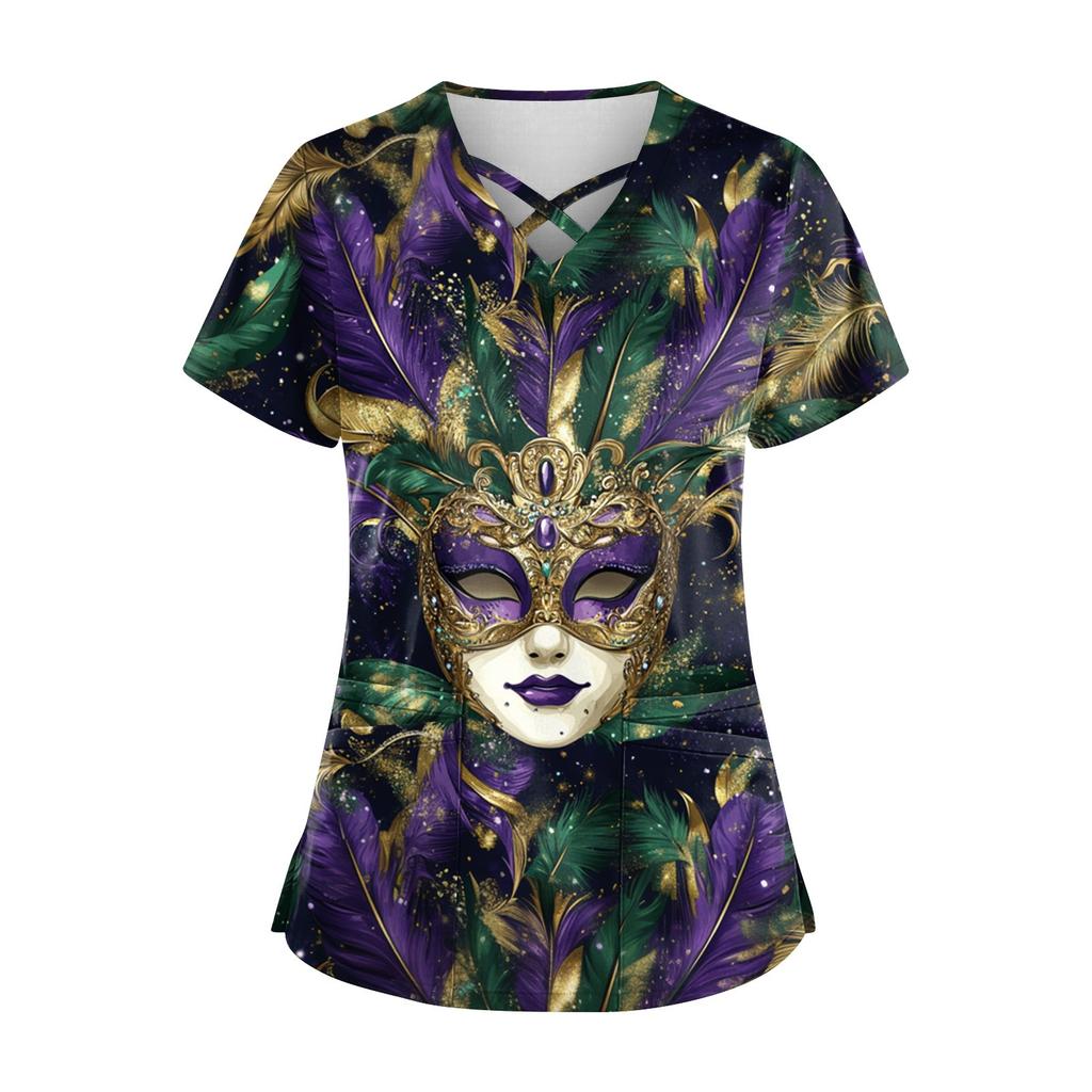 Women's Short Sleeve Stagger V Neck Carnival Print Pocket Dry-nurse Top