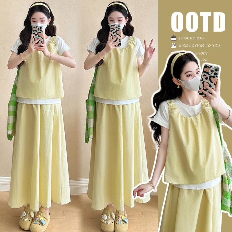 Summer 2026 Maternity Casual Set: Short-Sleeve T-Shirt + Loose Vest + Skirt M