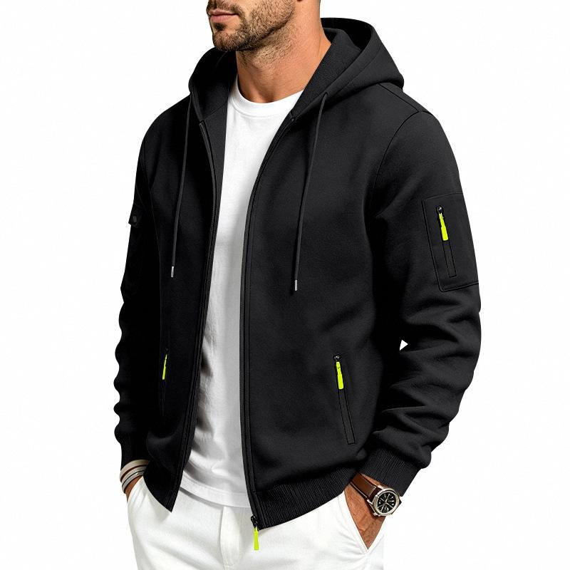 Men's Solid Zip‑Up Hooded Sweatshirt Casual Drawstring Hoodie Jacket Long Sleeve Arm Pocket Sports Outerwear for Male