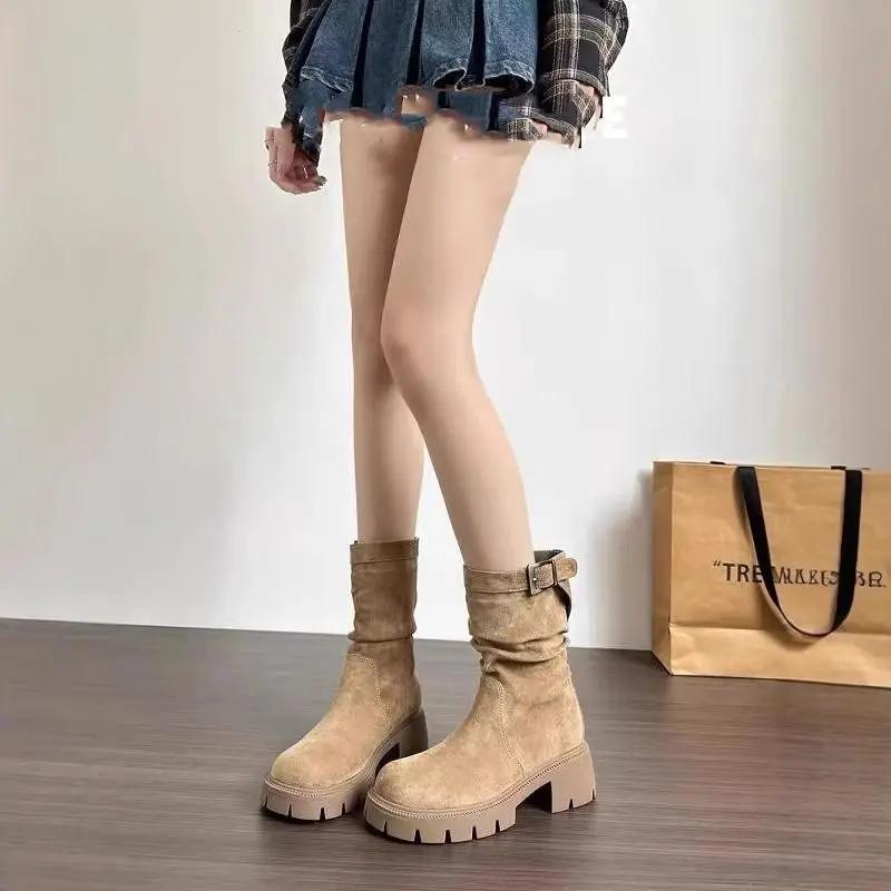 

Женские полусапоги до середины икры с круглым носком, женские полувысокие сапоги на среднем каблуке, кожа, распродажа 2024, новые весенне-осенние сапоги, готика, ПУ, горячие в роке 40