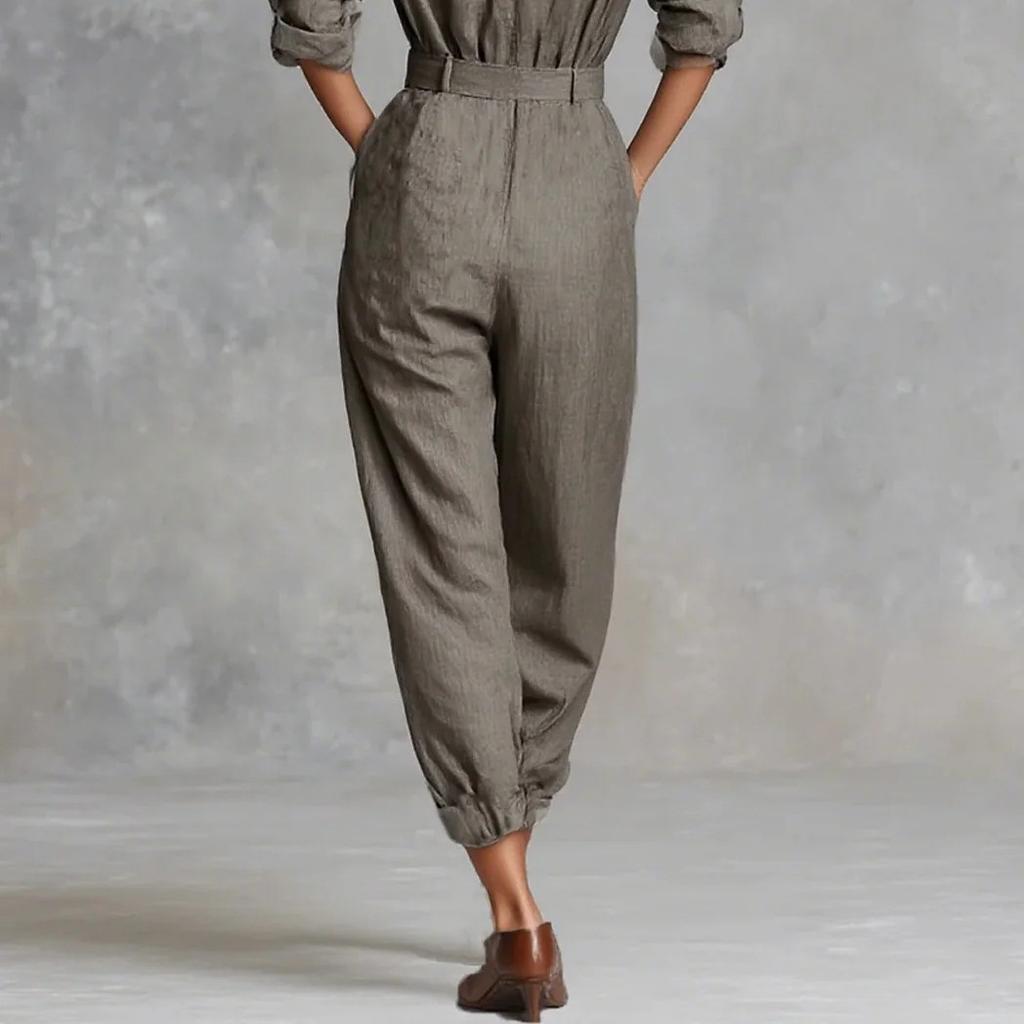 2026 Women's Independent Station Cotton and Linen Long Sleeve Pocket Button Decorative Shirt Jumpsuit