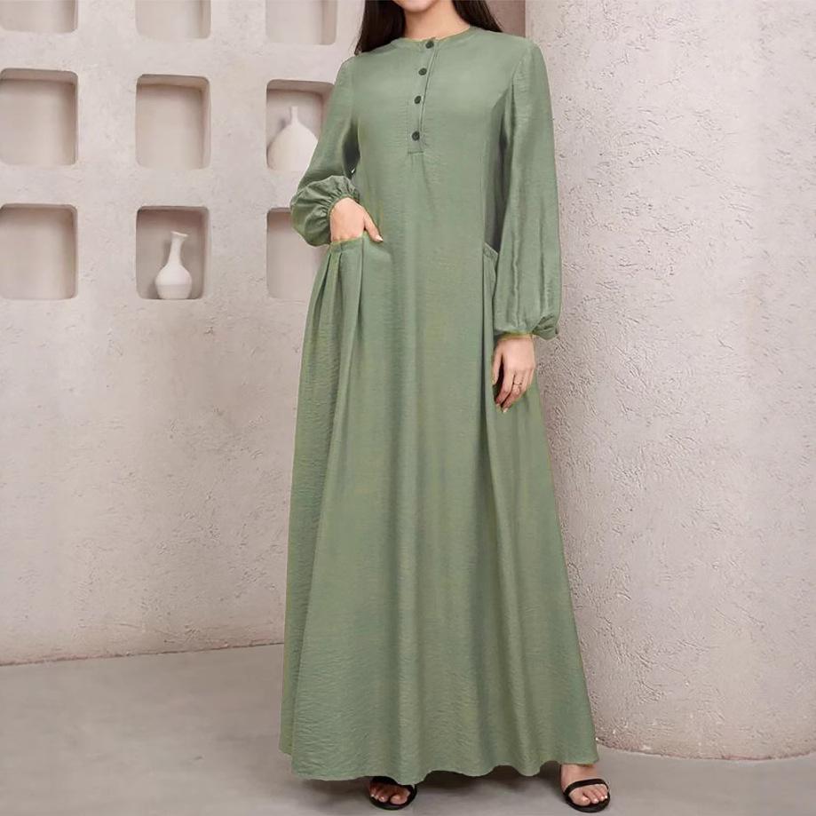 2025 Ethnic Style Muslim Long-Sleeved Robe - Solid Color, Loose Fit Dubai Dress for Women