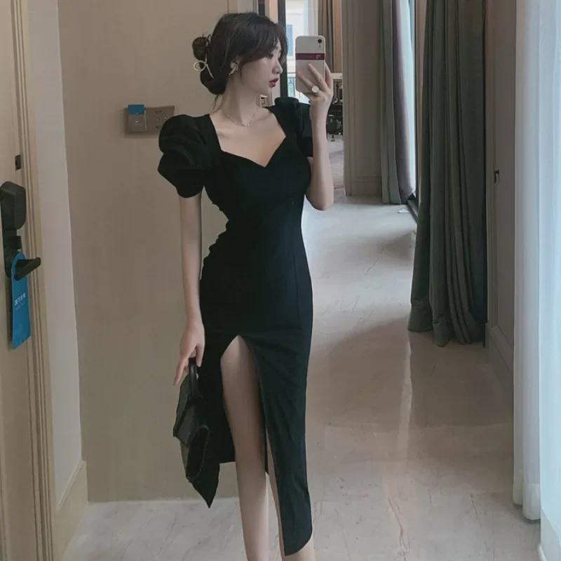 New Summer 2025 Black French Puff Sleeve Slim Fit Dress with Long Slit for Women