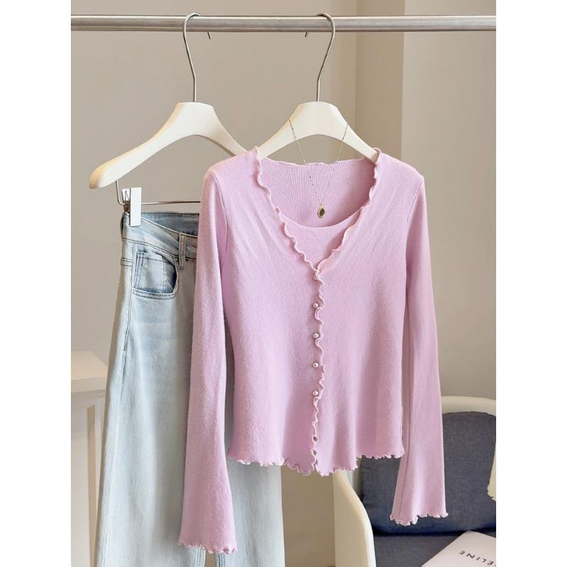 Podzim Zima Falešný Dvoudílný Jednobarevný Svetr Pulovr Dámský Ležérní Módní Univerzální Pletený Top