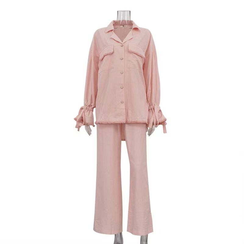 

New Arrival Russian Lapel Flare Sleeve Shirt Shoelace Loose Pants Two-piece Set Shirt and Pants Set Pink S