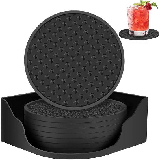 Silicone Black Coasters Set of 8 - Cup Coasters for Coffee Table - Tabletop Protection and Home Decor