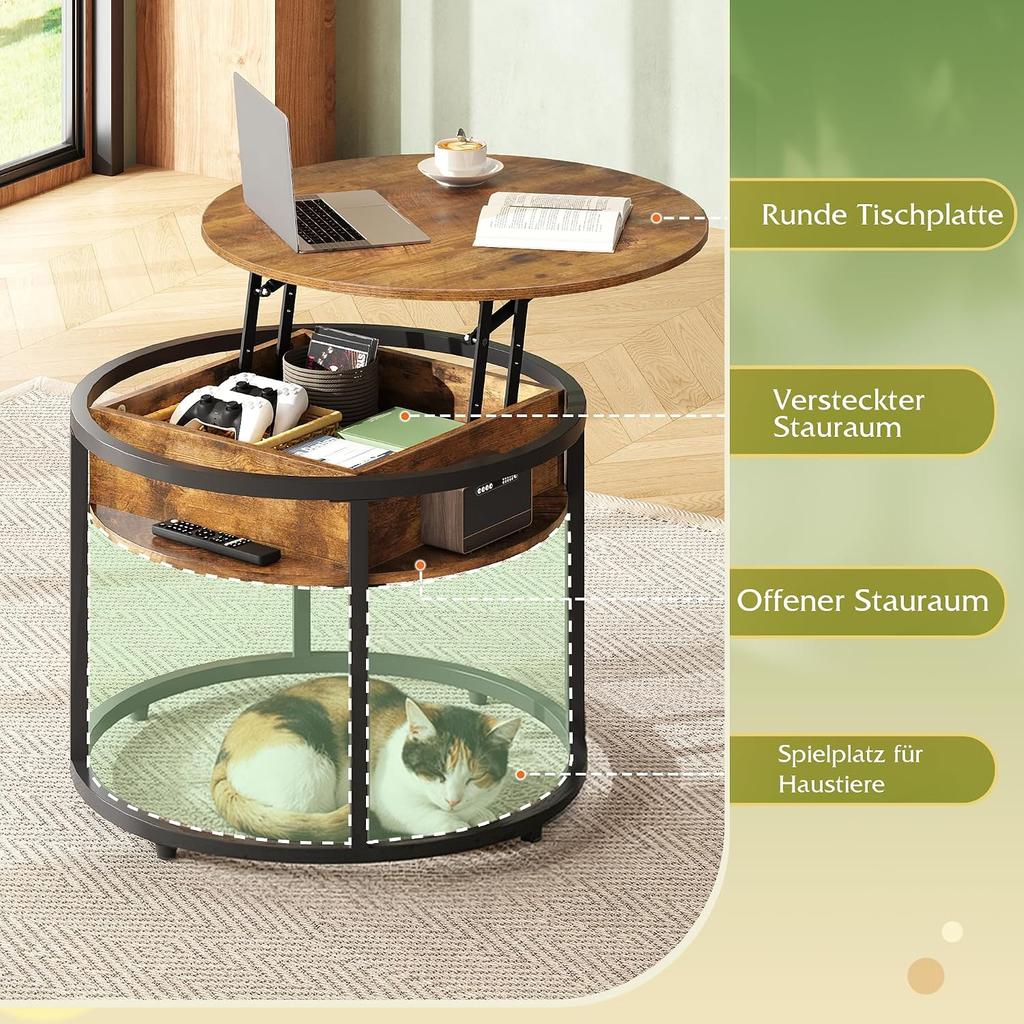 WLIVE Round Coffee Table with Lifting Plate, Living Room Table Height Adjustable with Storage Space, 60 x 60 x 50 cm, Coffee Table for Living Room