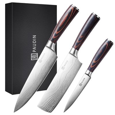 PAUDIN Messerset Nakiri Petty aus hochkohlenstoffhaltigem rostfreiem langem Holzfleischfisch-Nakiri-Tagesgeschenk [Gyuto-Messer, Messer, Messer] 3-teiliges Set,