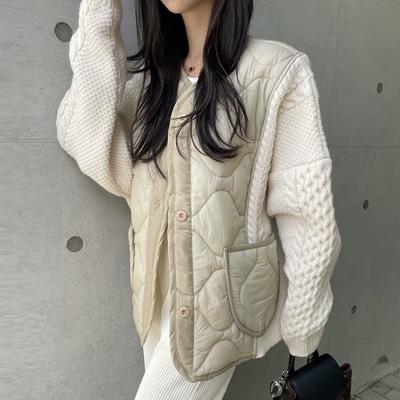 Suéteres de invierno para mujer, chaqueta de punto con botones acolchados y retazos, suéter suelto de dos piezas falso