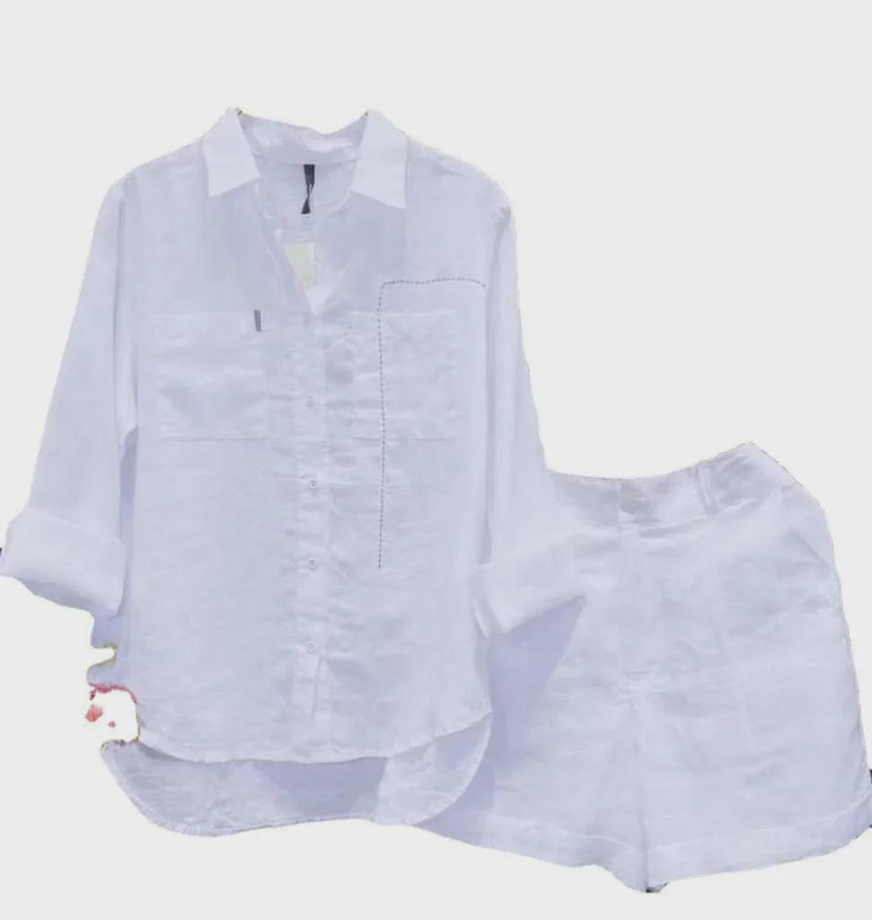 2023 Summer Women's Cotton Linen Long Sleeve Cardigan Two-Piece Set