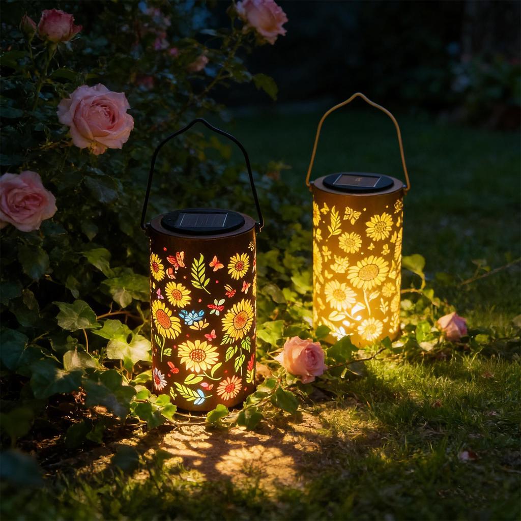 Garden Lantern Solar Iron Art Hanging Light Colorful Sunflower Glowing Solar Garden Solar Lights Outdoor Metal Hollow Light
